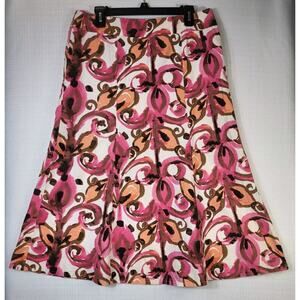 Kasper A-Line Midi Skirt Size 12 Pink White Brown Coral Floral Linen Abstract